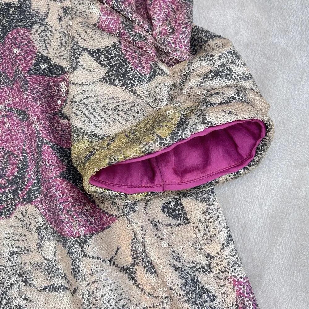Anthropologie Marie Floral Sequin Top Pink Size 2 Puff Slve Night Luxe Coquette